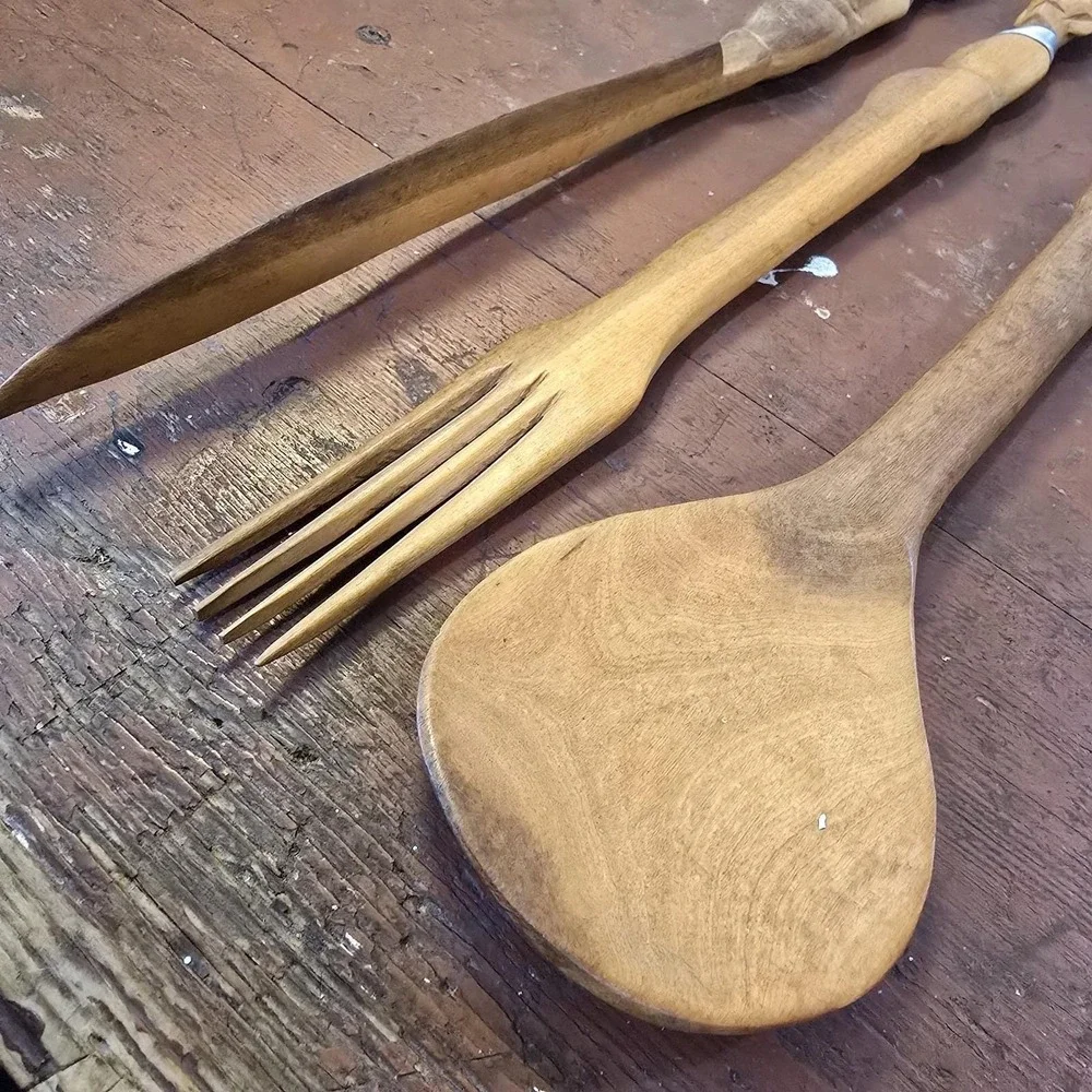 Vintage Hand Carved Wooden Utensil Set Tribal African Decor Art Spoon Fork